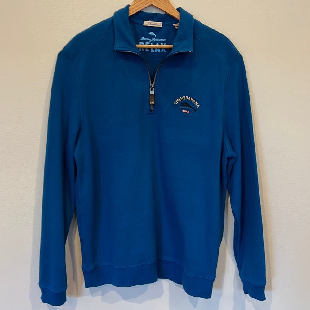 Mens Tommy, Bahama, RELAX L quarter zip blue cotton sweater